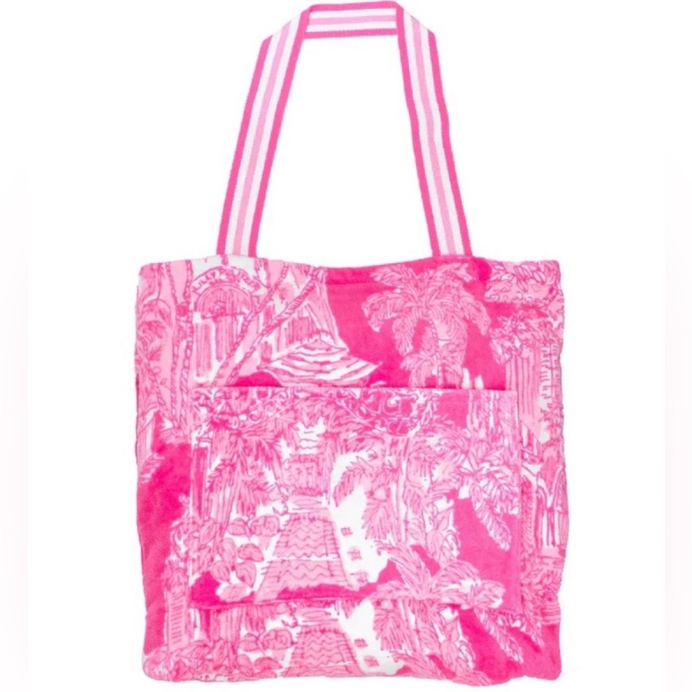 Lilly Pulitzer pink towel tote in anniversary toile